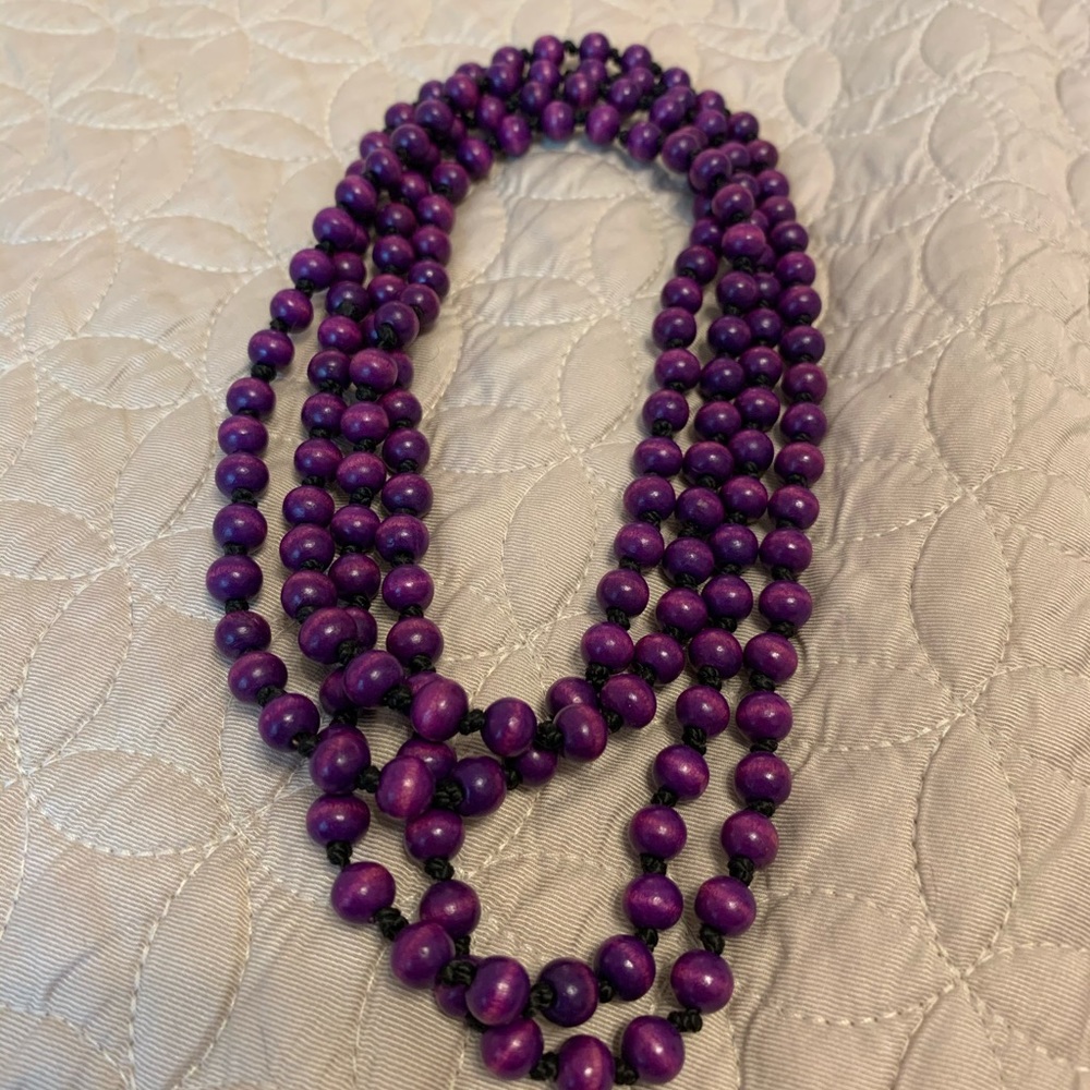 Purple wooden bead long necklace